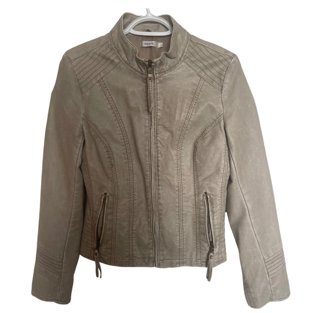 Tan Faux Leather Zipper Womens Jacket Size 2 grunge bikercore fall western chic